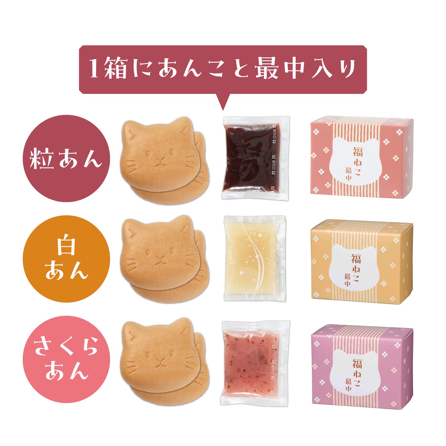 福ねこ最中【あんこ3種】各1個入り メッセージシール・のし掛け紙付きも